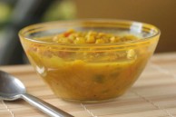 Red lentil dal with rhubarb